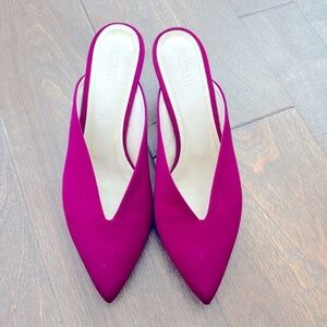 Barney’s New York Vero Cuoio Magenta Satin Mules Heels Size 37 Made in Italy